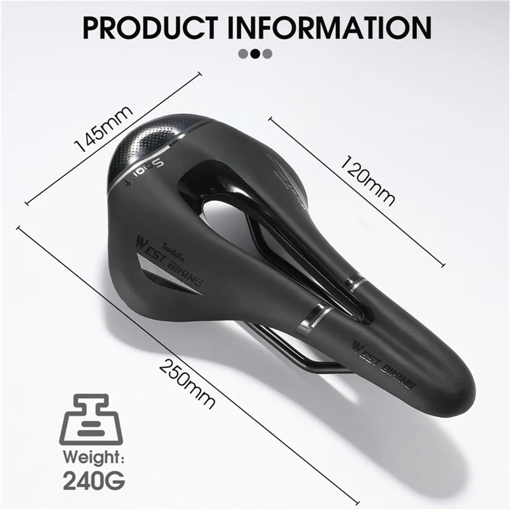 WEST BIKING YP0801117 Bike Saddle Seat Cushion Breathable PU Leather Hollow Comfortable Shockproof Road MTB Bike Cycling Saddle - Black / Silver - 7
