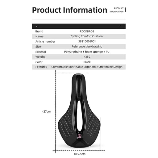 ROCKBROS 38210005001 Shock-absorption MTB Bike Saddle Seat Breathable PU Leather Bicycle Cushion - 2