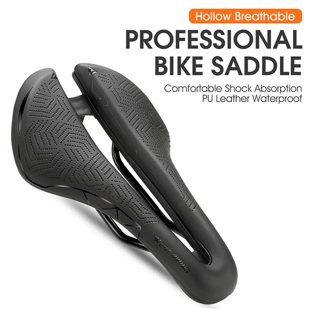 WEST BIKING YP0801136 Ultralight Road Bike Saddle Hollow Seat Cushion Waterproof Leather Cycling Saddle - Black - 2