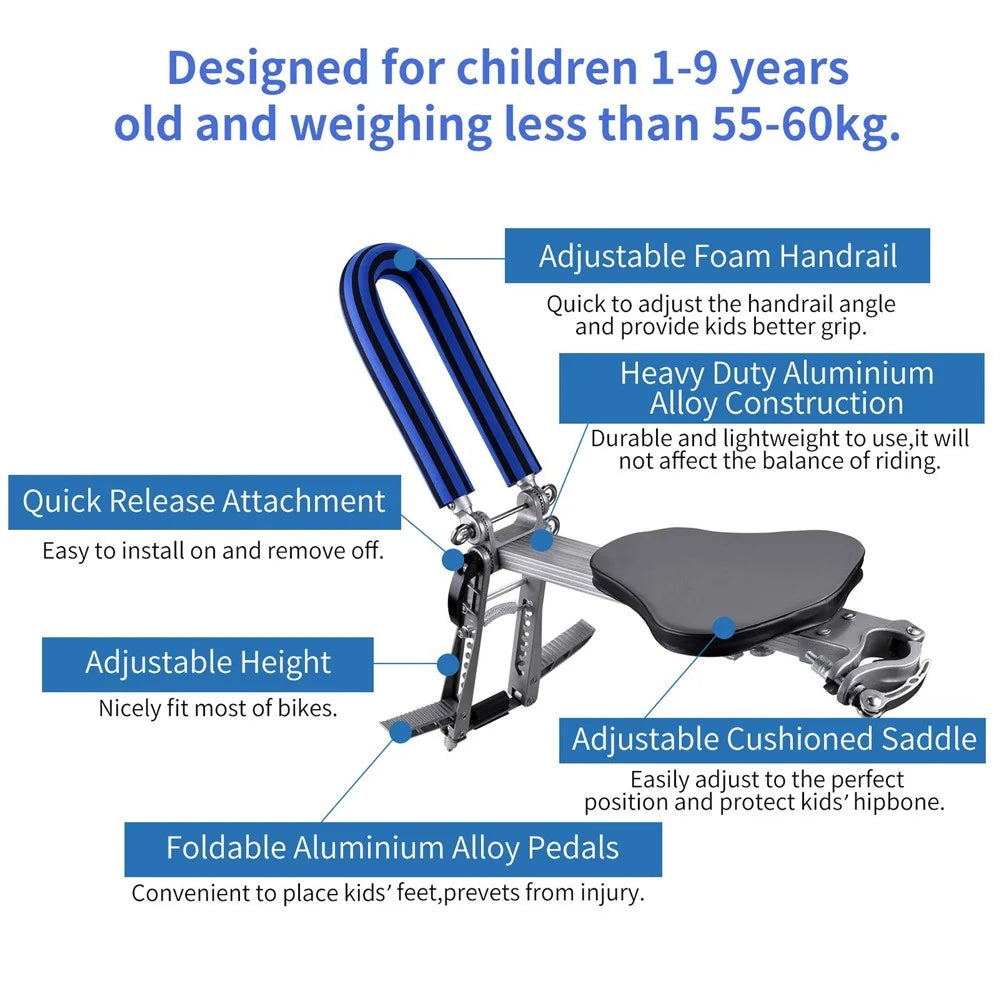 YSANAM Bicycle Seats Fast-Moving Front-Mounted Adjustable Safety Seat with Foam Handle / Folding Pedals for Kids Support 55-60Kg Loading - 4