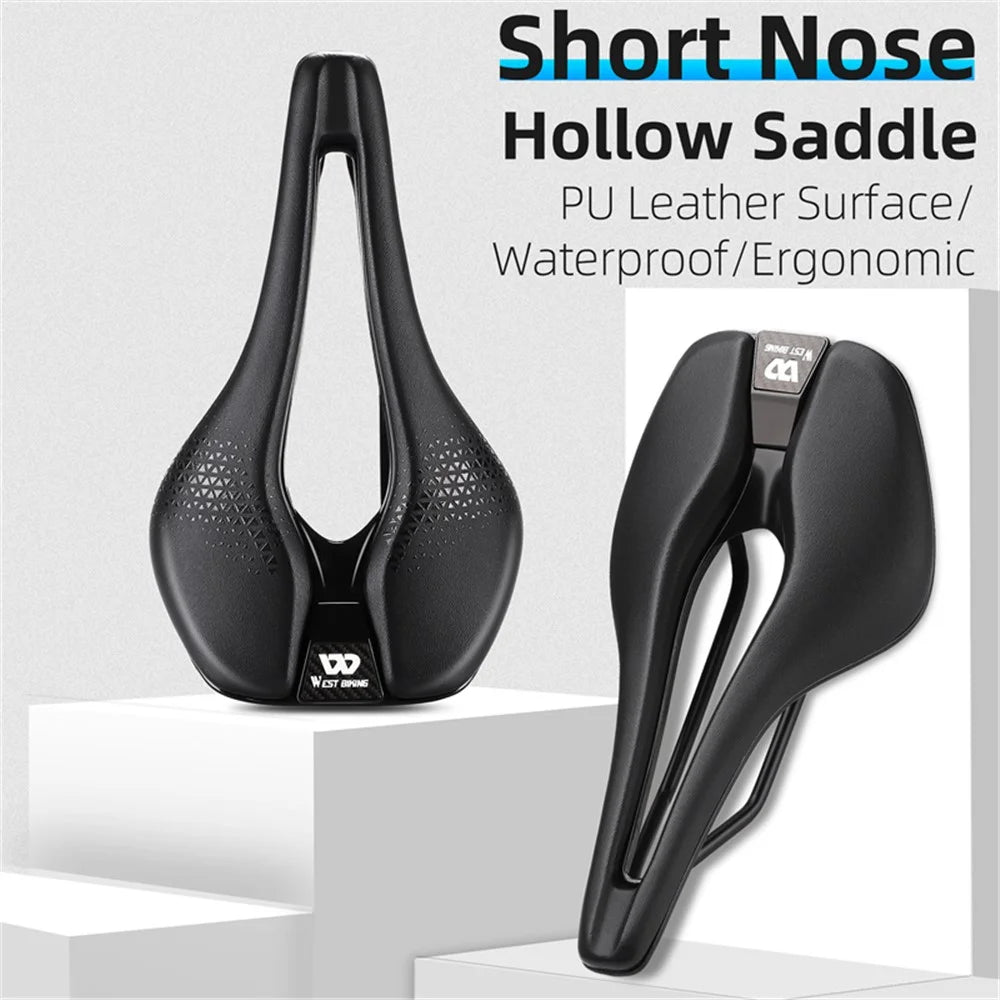WEST BIKING YP0801170 Bike Cycling Short Nose Saddle Hollow Breathable PU Leather Bicycle Seat - Black - 2