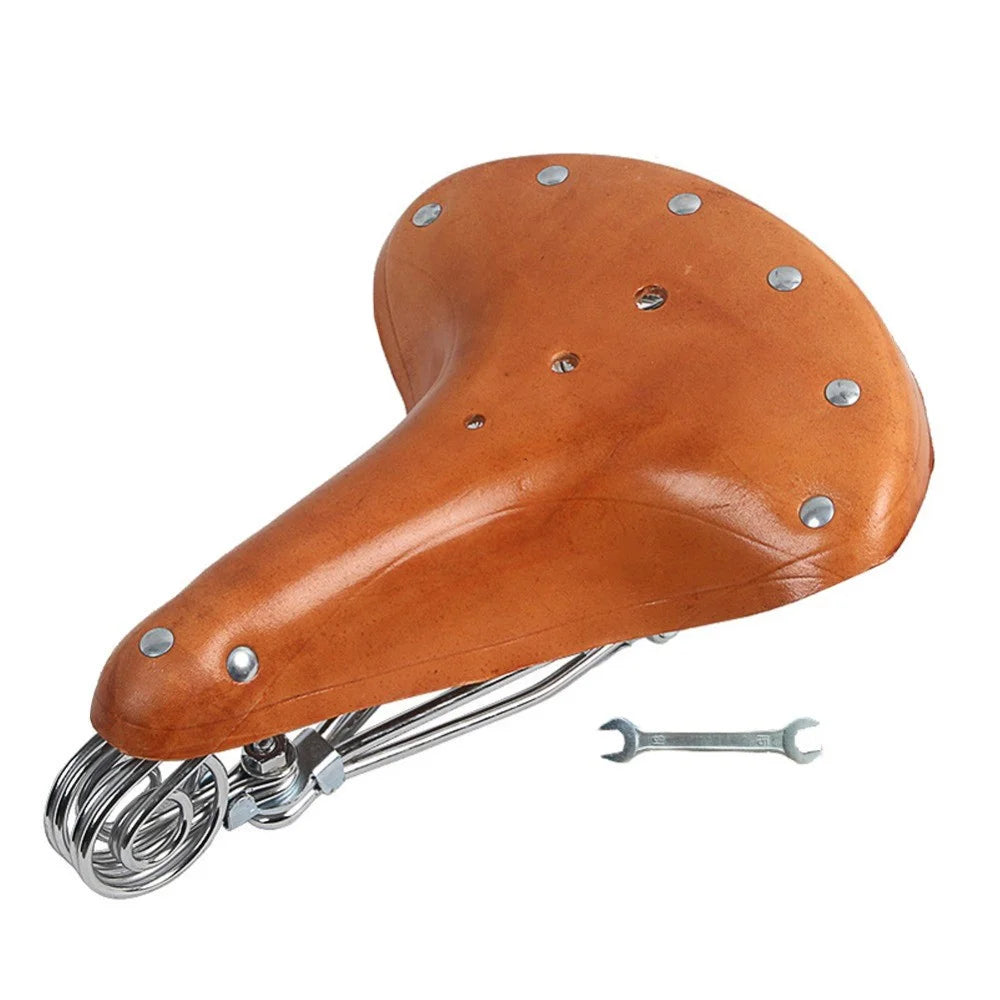MTB Bike Seat Cushion Retro Leather Saddle + Carbon-Plated Steel Spring Bicycle Seat Cycling Accessories - Light Brown - 1