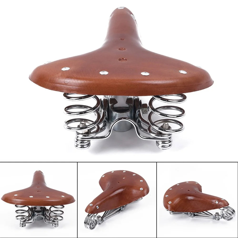 MTB Bike Seat Cushion Retro Leather Saddle + Carbon-Plated Steel Spring Bicycle Seat Cycling Accessories - Light Brown - 6