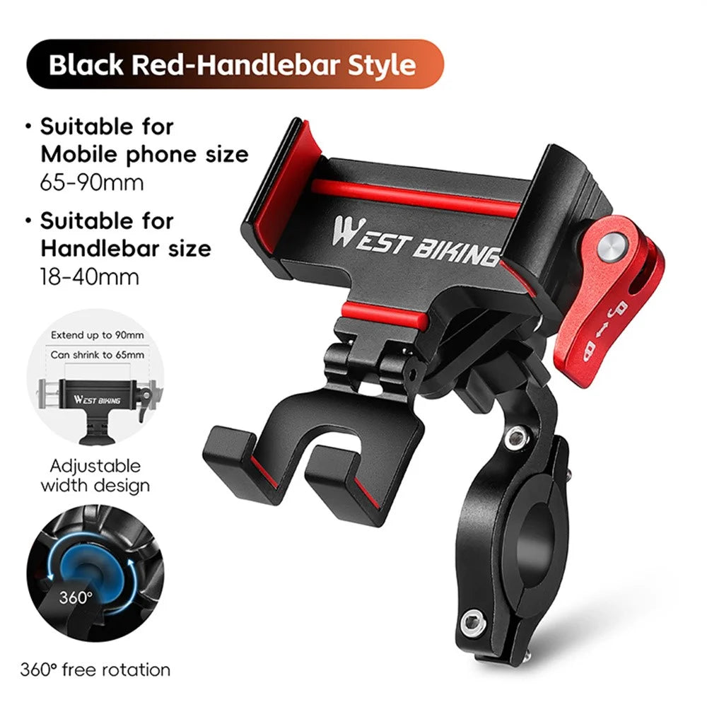 WEST BIKING Bike Phone Mount 360 Degree Rotation Aluminum Alloy Navigation Bracket for Road Mountain Bicycle - Black+Red / For Bike Handlebar - 2