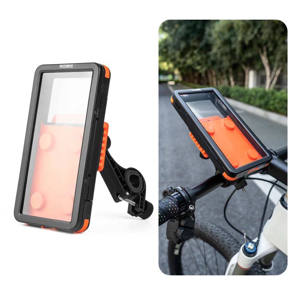 ROCKBROS Bike Electric Motorcycle Phone Mount Waterproof Silicone Magnetic Shockproof Phone Holder - Black+Orange/Handlebar Type - 1
