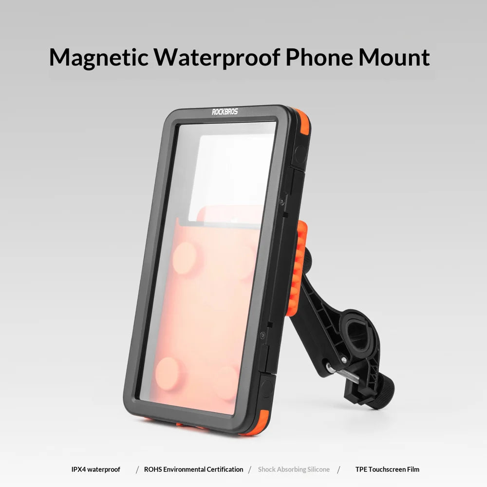 ROCKBROS Bike Electric Motorcycle Phone Mount Waterproof Silicone Magnetic Shockproof Phone Holder - Black+Orange/Handlebar Type - 2