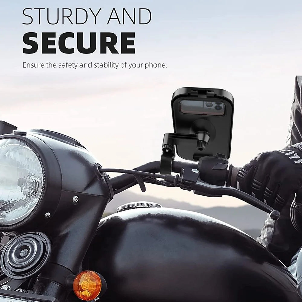 HL-159 Waterproof Motorcycle Rearview Mirror Phone Mount Holder Rotation for 4.7-6.8 Inch Phones - All Black - 5