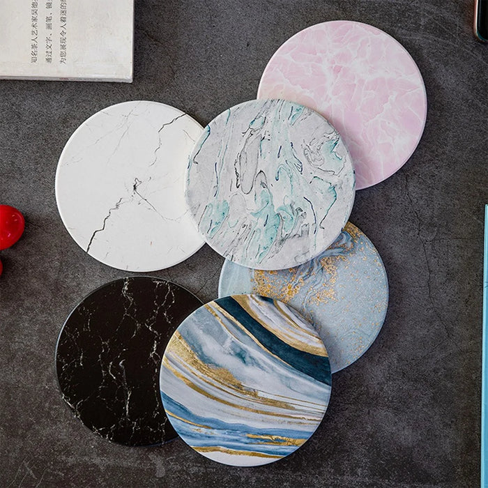 Marble Grain Cup Coaster Nordic Insulated Absorbent Round Ceramic Coffee Mug Placemat - Black - 5