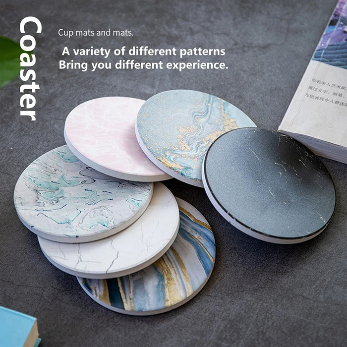 Marble Grain Cup Coaster Nordic Insulated Absorbent Round Ceramic Coffee Mug Placemat - Black - 6
