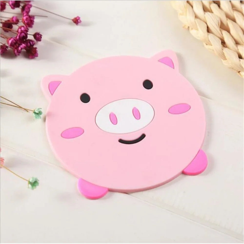 D06 Cute Cartoon Animal Shape Dining Table Silicone Coaster Coffee Tea Cup Mat Heat-resistant Pad Kitchen Decor - Pig - 2