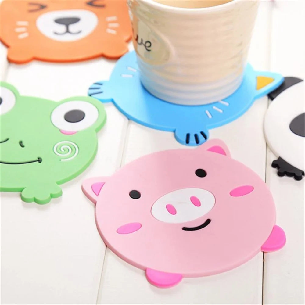 D06 Cute Cartoon Animal Shape Dining Table Silicone Coaster Coffee Tea Cup Mat Heat-resistant Pad Kitchen Decor - Pig - 6
