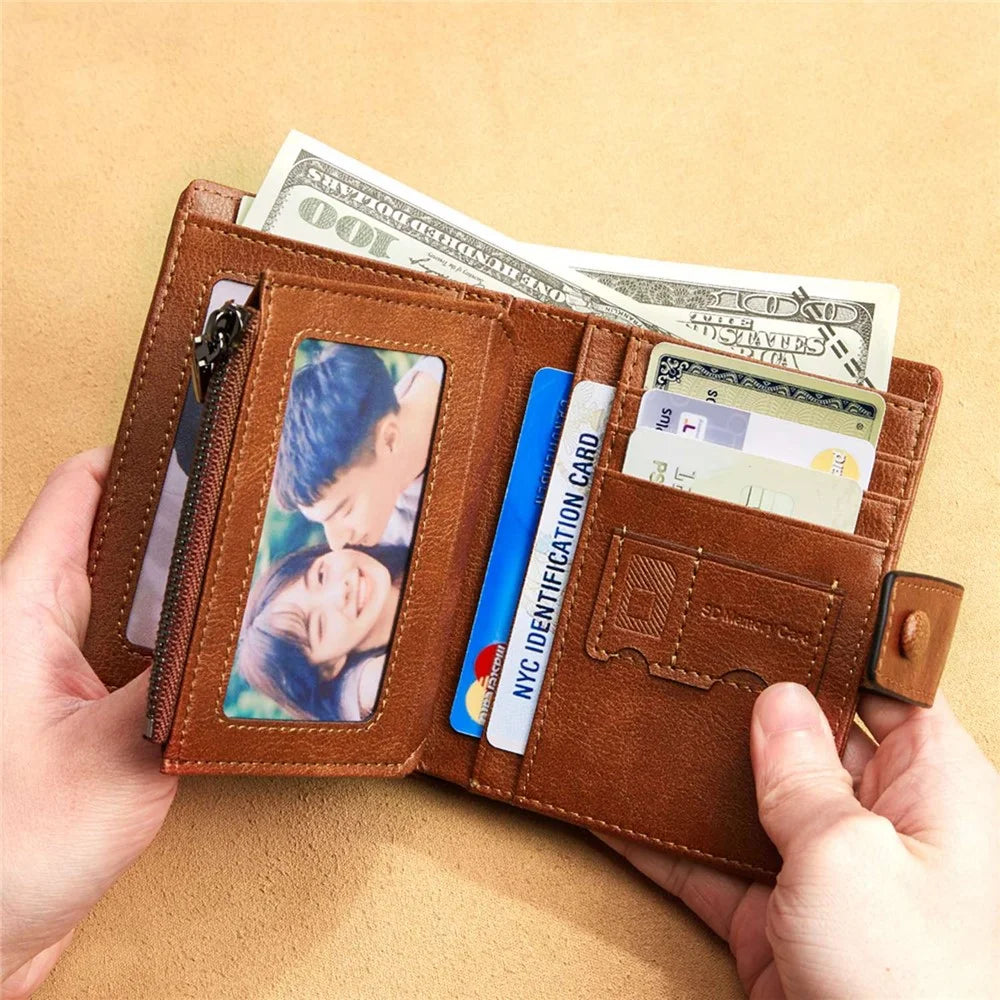 DANTE D05509 Top Layer Cowhide Men Short Wallet RFID Blocking Zipper Pocket Cards Cash Holder Bag - Brown - 2