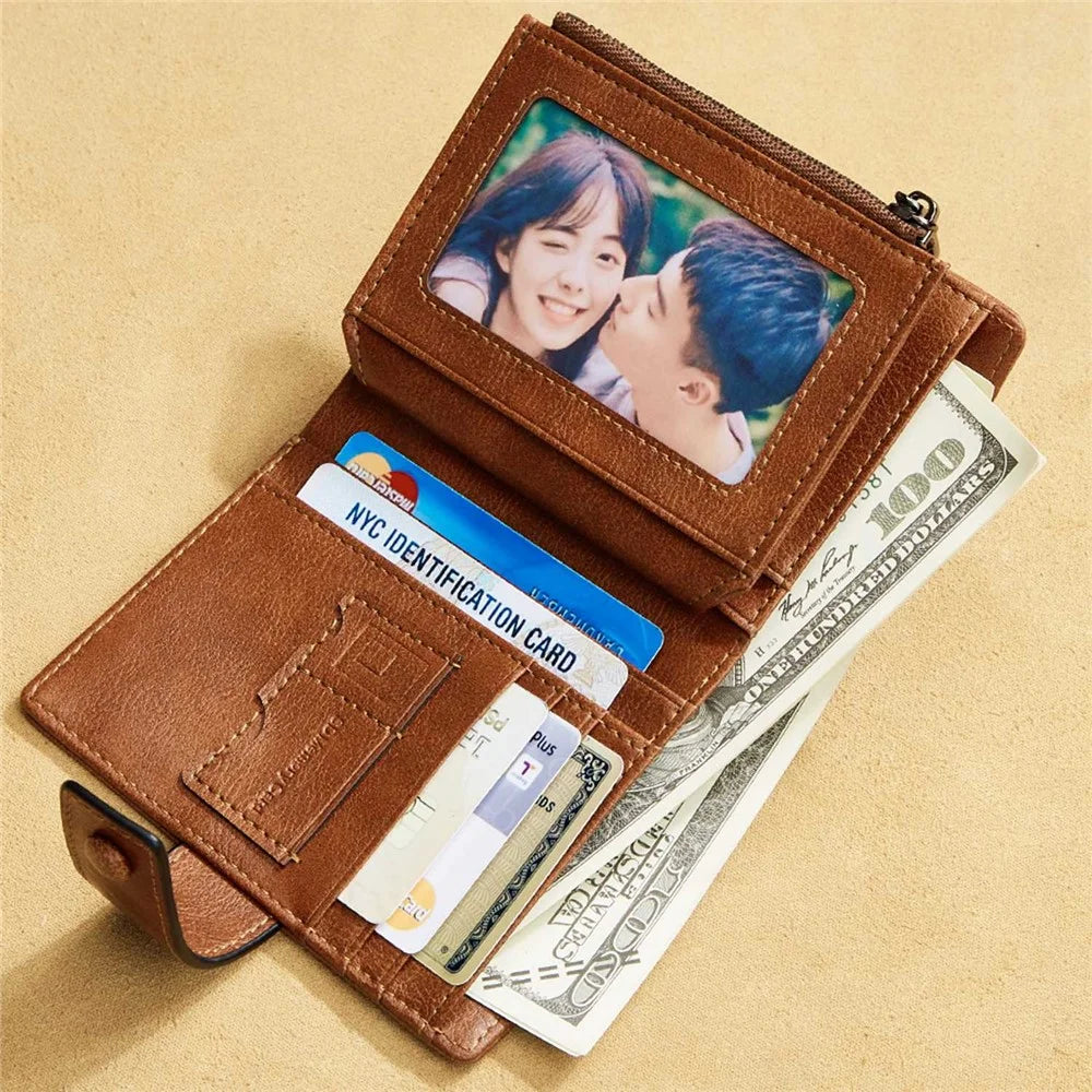 DANTE D05509 Top Layer Cowhide Men Short Wallet RFID Blocking Zipper Pocket Cards Cash Holder Bag - Brown - 3