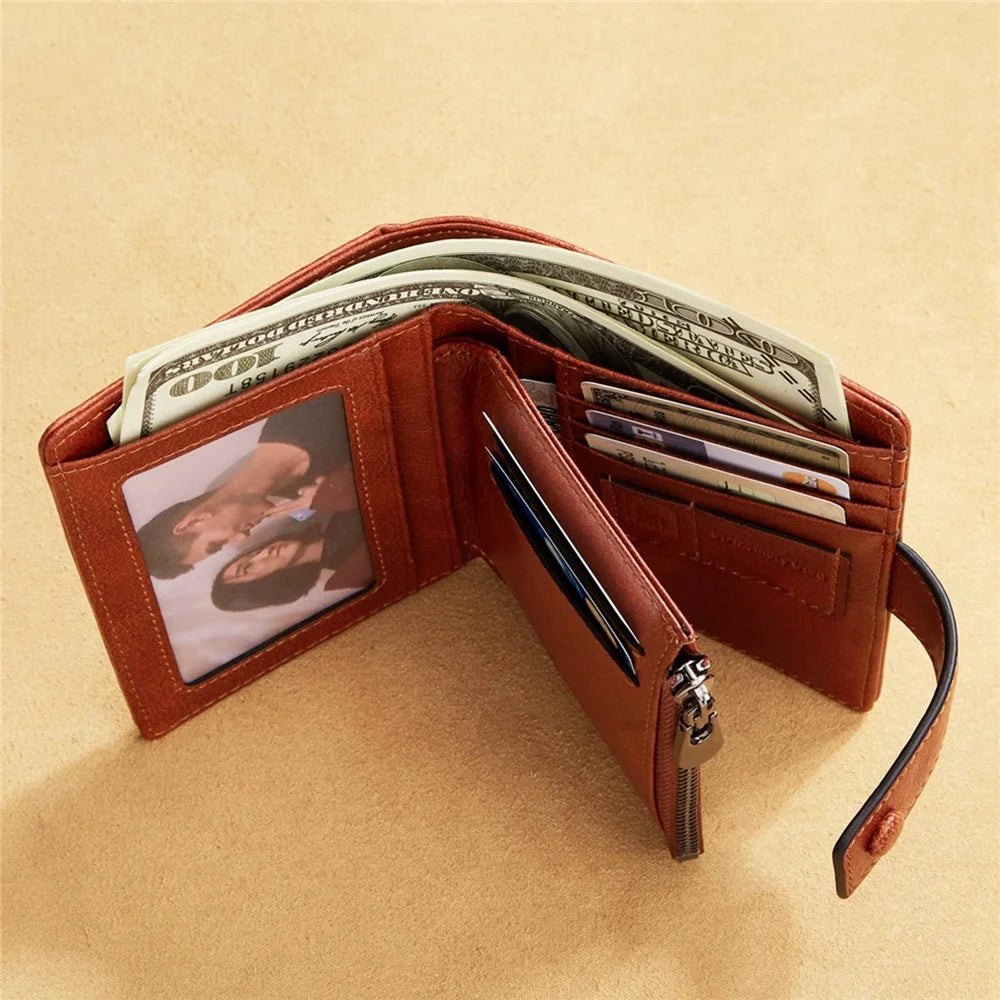 DANTE D05509 Top Layer Cowhide Men Short Wallet RFID Blocking Zipper Pocket Cards Cash Holder Bag - Brown - 4