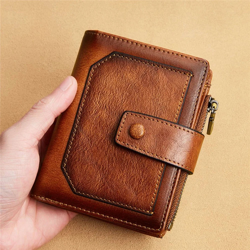 DANTE D05509 Top Layer Cowhide Men Short Wallet RFID Blocking Zipper Pocket Cards Cash Holder Bag - Brown - 6
