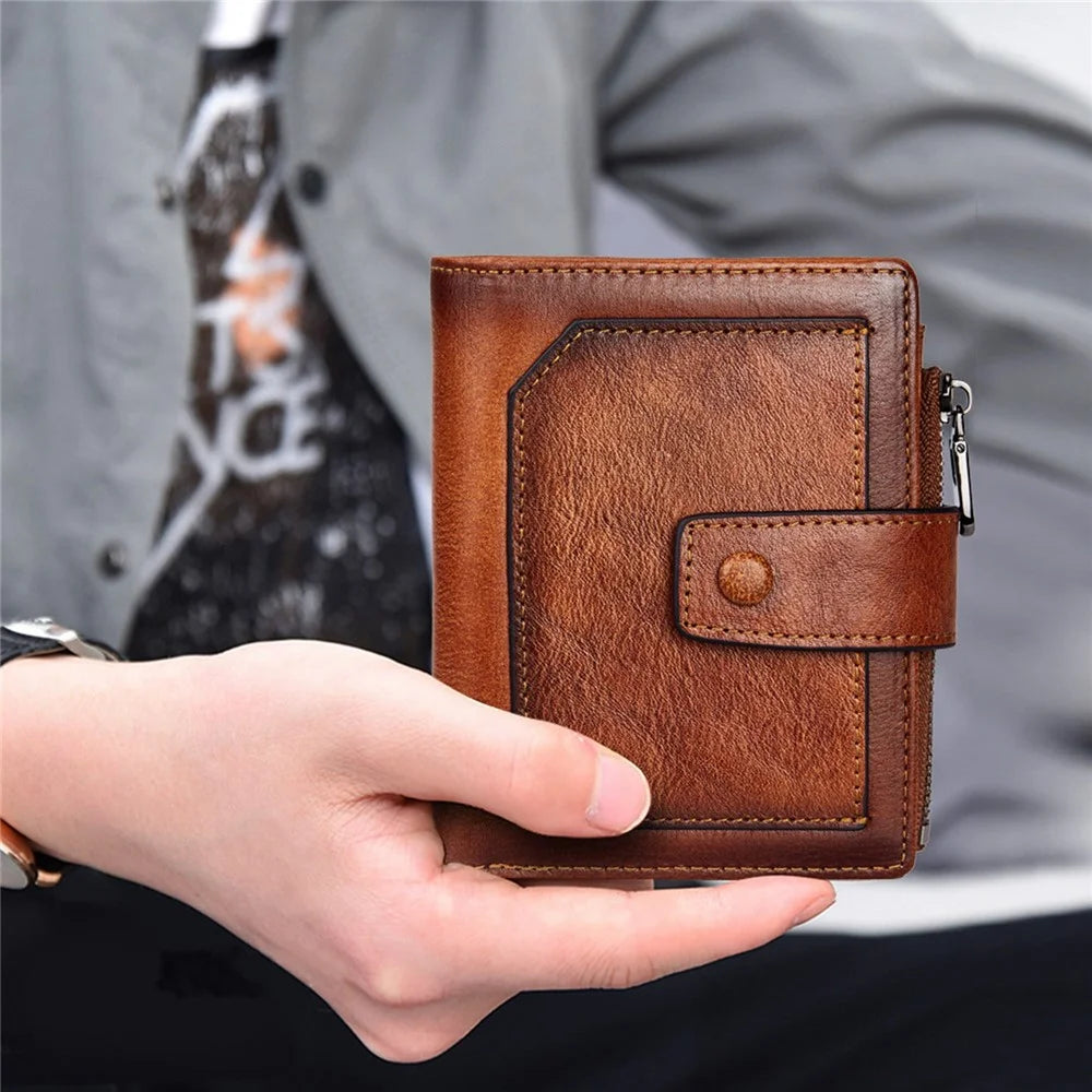 DANTE D05509 Top Layer Cowhide Men Short Wallet RFID Blocking Zipper Pocket Cards Cash Holder Bag - Brown - 7