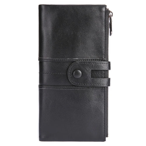 2072 Double Zipper Long Wallet RFID Blocking Top Layer Cowhide Cellphone Clutch Coin Purse Card Slots - Black - 1