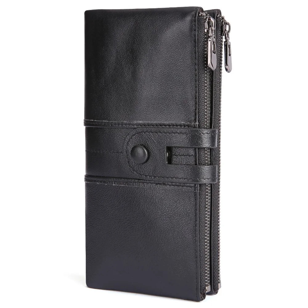 2072 Double Zipper Long Wallet RFID Blocking Top Layer Cowhide Cellphone Clutch Coin Purse Card Slots - Black - 2