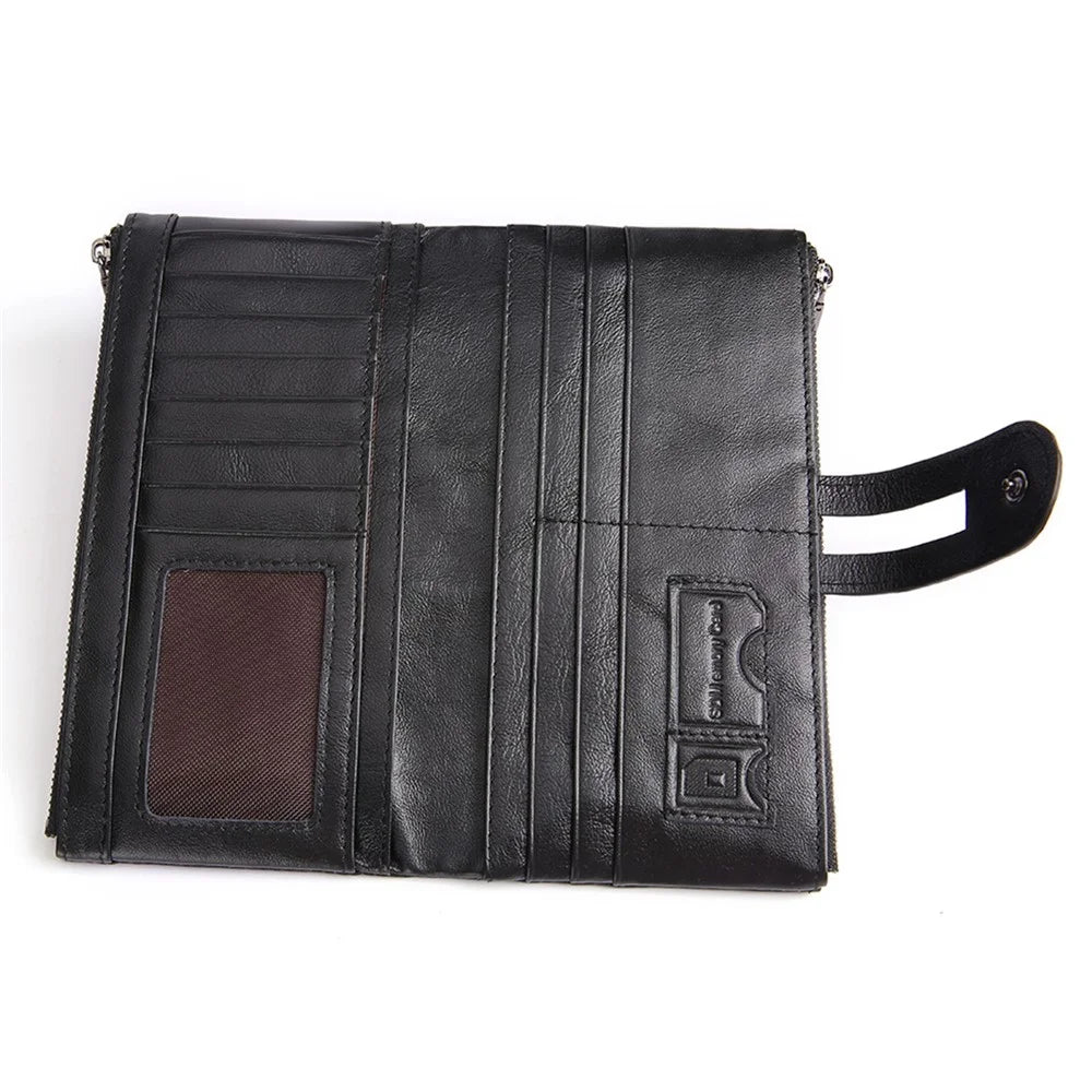 2072 Double Zipper Long Wallet RFID Blocking Top Layer Cowhide Cellphone Clutch Coin Purse Card Slots - Black - 3