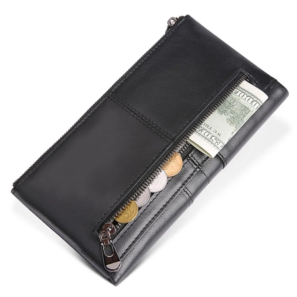 2072 Double Zipper Long Wallet RFID Blocking Top Layer Cowhide Cellphone Clutch Coin Purse Card Slots - Black - 4