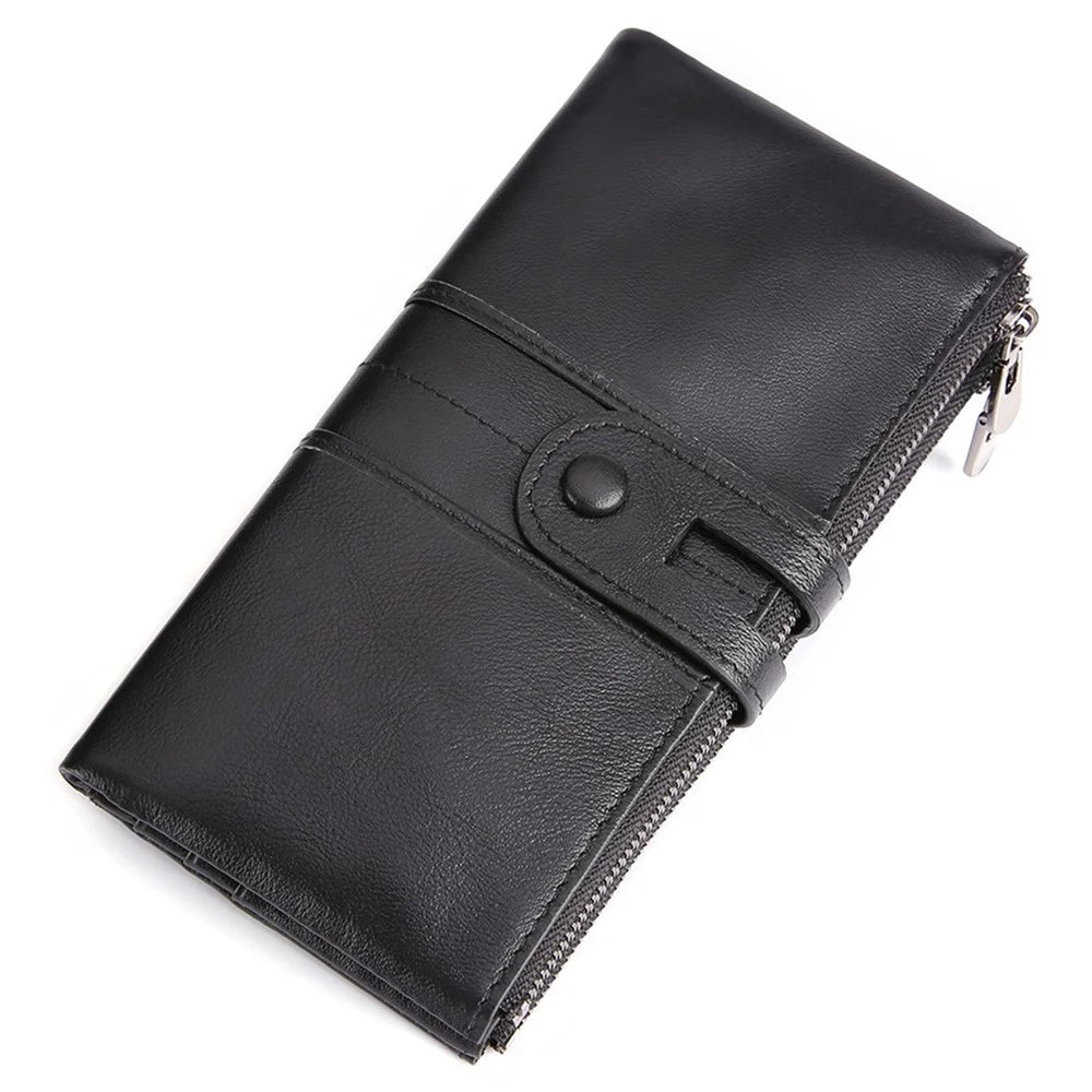 2072 Double Zipper Long Wallet RFID Blocking Top Layer Cowhide Cellphone Clutch Coin Purse Card Slots - Black - 5