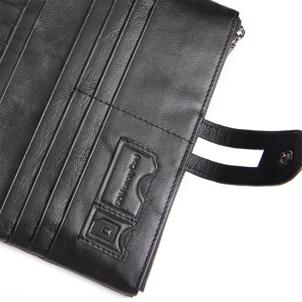 2072 Double Zipper Long Wallet RFID Blocking Top Layer Cowhide Cellphone Clutch Coin Purse Card Slots - Black - 6