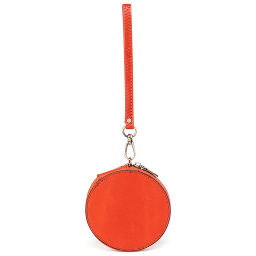 K058 Top Layer Cowhide Coin Purse Portable Mini Round Zipper Wallet Storage Bag with Strap - Orange - 1