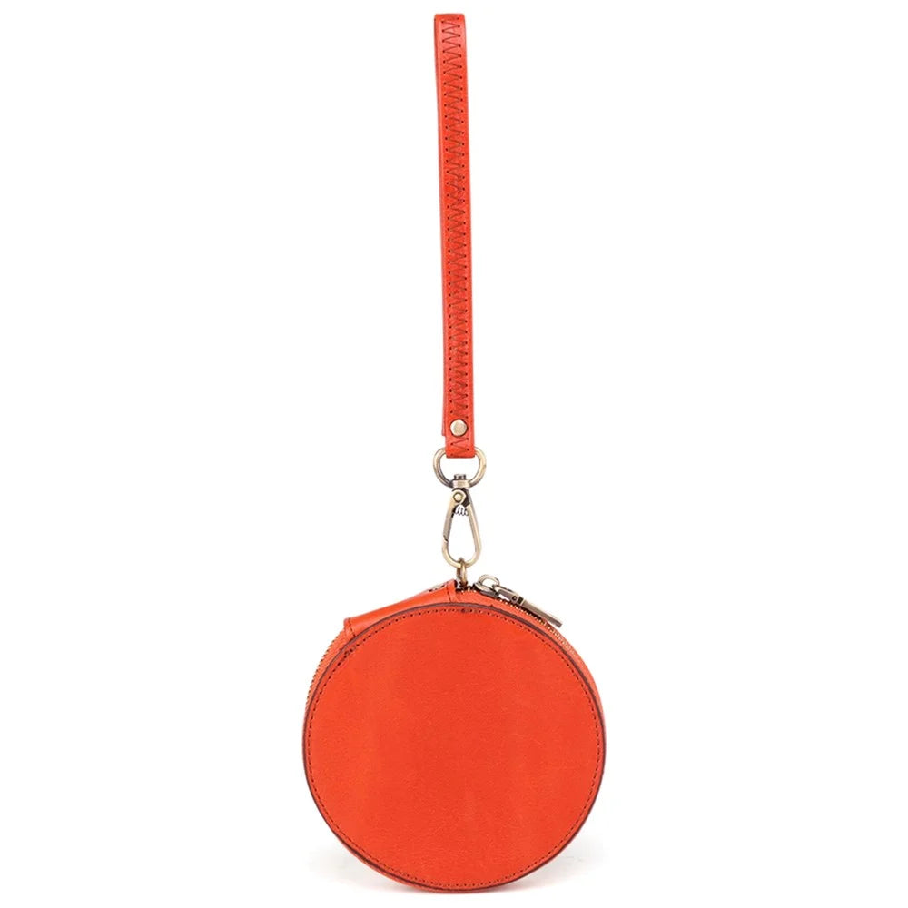 K058 Top Layer Cowhide Coin Purse Portable Mini Round Zipper Wallet Storage Bag with Strap - Orange - 1