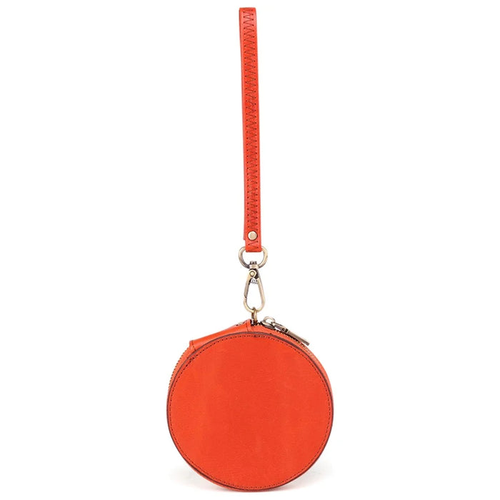 K058 Top Layer Cowhide Coin Purse Portable Mini Round Zipper Wallet Storage Bag with Strap - Orange - 1