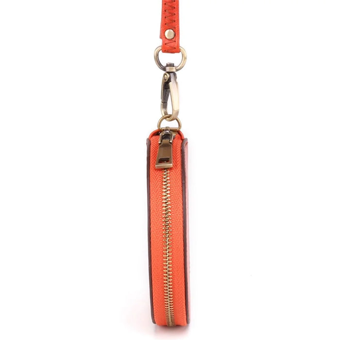 K058 Top Layer Cowhide Coin Purse Portable Mini Round Zipper Wallet Storage Bag with Strap - Orange - 4