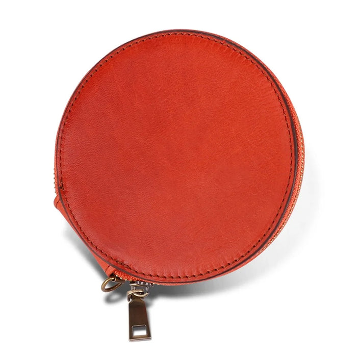 K058 Top Layer Cowhide Coin Purse Portable Mini Round Zipper Wallet Storage Bag with Strap - Orange - 5