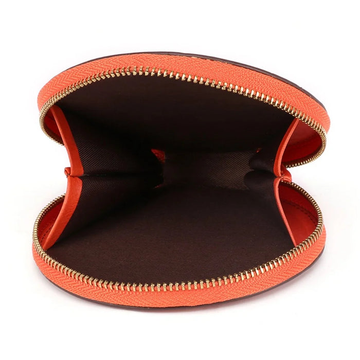 K058 Top Layer Cowhide Coin Purse Portable Mini Round Zipper Wallet Storage Bag with Strap - Orange - 6