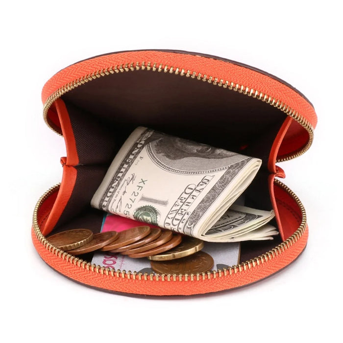 K058 Top Layer Cowhide Coin Purse Portable Mini Round Zipper Wallet Storage Bag with Strap - Orange - 7