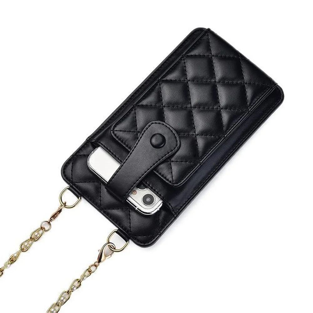 k3221 Stylish Rhombus Grid PU Leather Phone Pouch Women Cards Cash Holder Crossbody Bag with Chain Strap - Black - 1