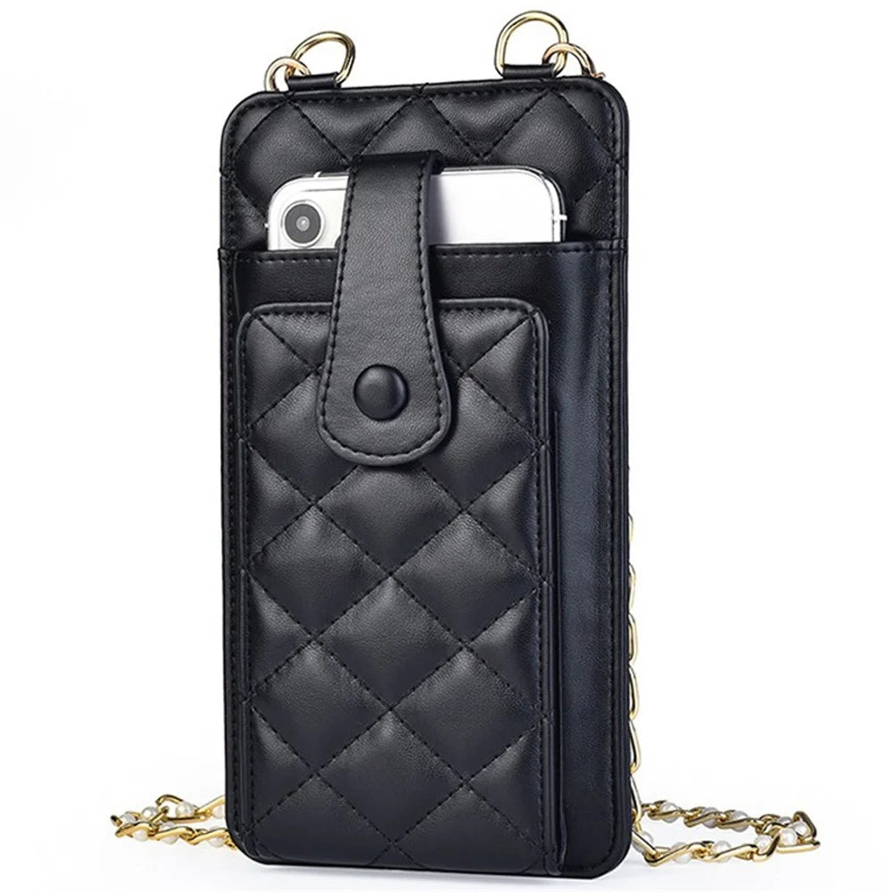 k3221 Stylish Rhombus Grid PU Leather Phone Pouch Women Cards Cash Holder Crossbody Bag with Chain Strap - Black - 2