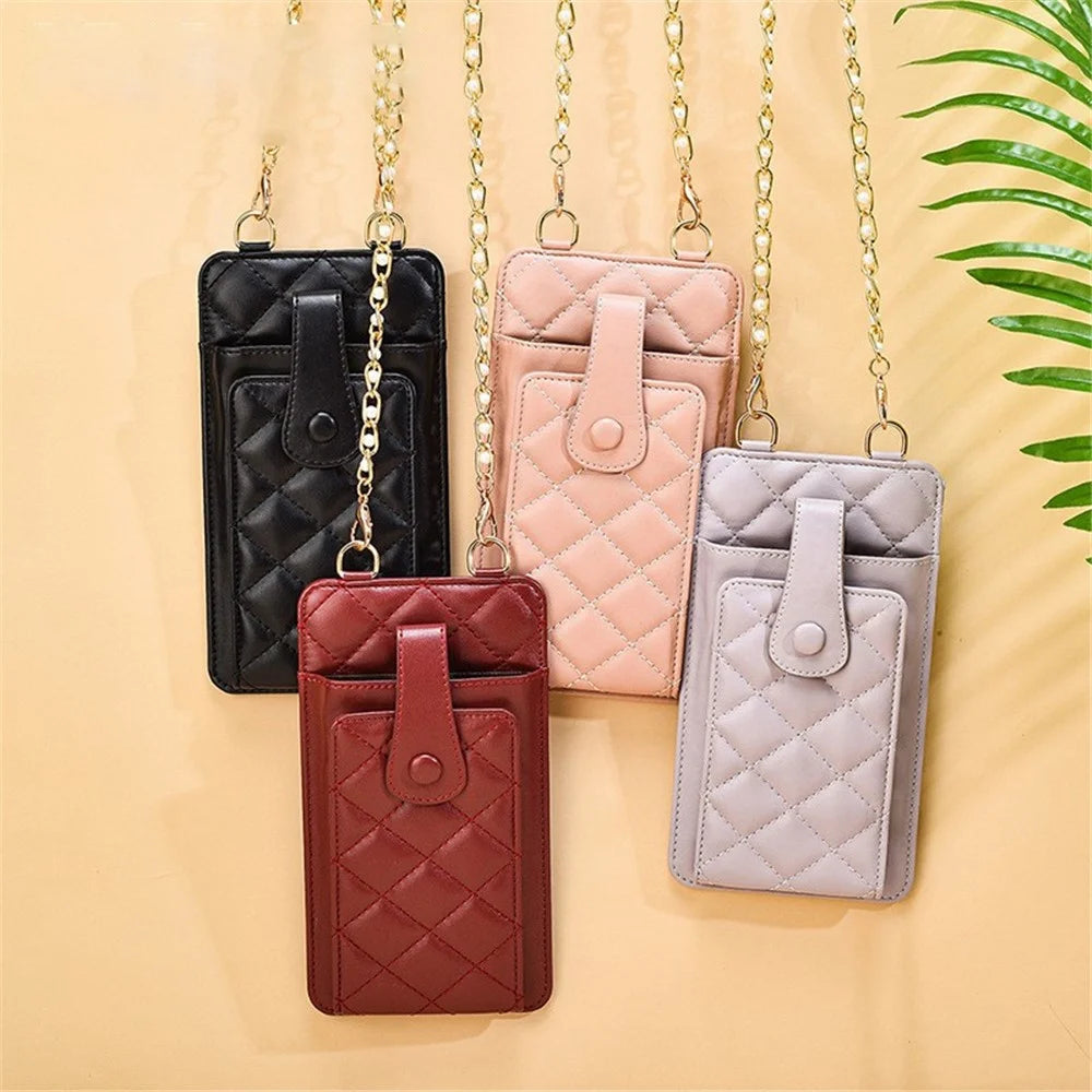 k3221 Stylish Rhombus Grid PU Leather Phone Pouch Women Cards Cash Holder Crossbody Bag with Chain Strap - Black - 5