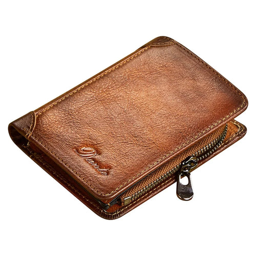 DANTE 05510 RFID Blocking  Retro Top Layer Cowhide Men Short Wallet Coin Card Holder with Zipper Pocket - Brown - 1