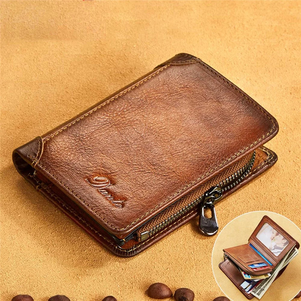 DANTE 05510 RFID Blocking  Retro Top Layer Cowhide Men Short Wallet Coin Card Holder with Zipper Pocket - Brown - 2