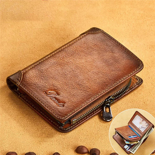 DANTE 05510 RFID Blocking  Retro Top Layer Cowhide Men Short Wallet Coin Card Holder with Zipper Pocket - Brown - 2