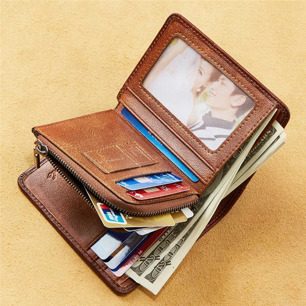 DANTE 05510 RFID Blocking  Retro Top Layer Cowhide Men Short Wallet Coin Card Holder with Zipper Pocket - Brown - 3