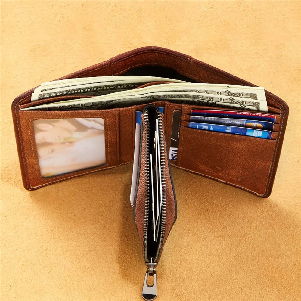 DANTE 05510 RFID Blocking  Retro Top Layer Cowhide Men Short Wallet Coin Card Holder with Zipper Pocket - Brown - 4