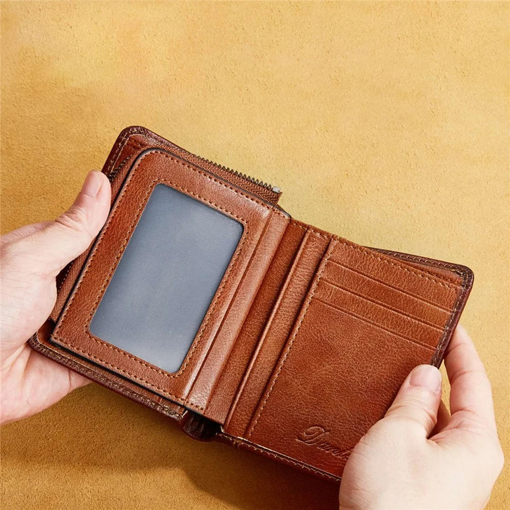 DANTE 05510 RFID Blocking  Retro Top Layer Cowhide Men Short Wallet Coin Card Holder with Zipper Pocket - Brown - 5