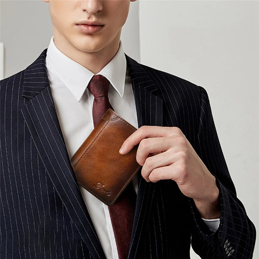 DANTE 05510 RFID Blocking  Retro Top Layer Cowhide Men Short Wallet Coin Card Holder with Zipper Pocket - Brown - 6