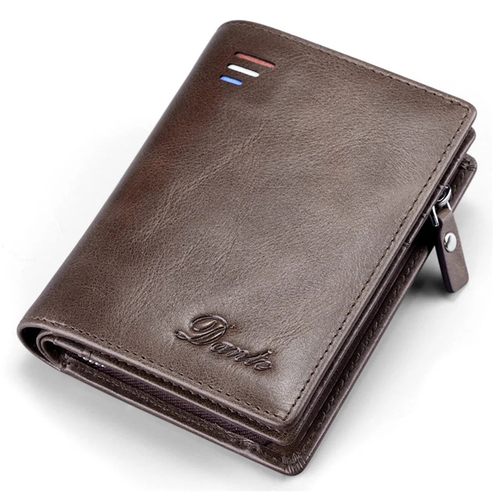 DANTE QB4013 Coin Card Bag RFID Blocking Men Short Wallet Vintage Top Layer Cowhide Purse with Zipper Pocket - Coffee - 1