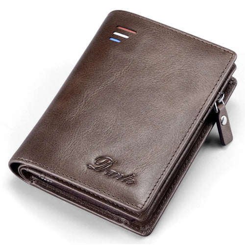 DANTE QB4013 Coin Card Bag RFID Blocking Men Short Wallet Vintage Top Layer Cowhide Purse with Zipper Pocket - Coffee - 1