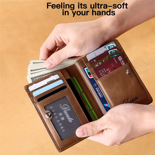 DANTE QB4013 Coin Card Bag RFID Blocking Men Short Wallet Vintage Top Layer Cowhide Purse with Zipper Pocket - Coffee - 2