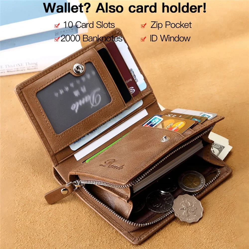 DANTE QB4013 Coin Card Bag RFID Blocking Men Short Wallet Vintage Top Layer Cowhide Purse with Zipper Pocket - Coffee - 3