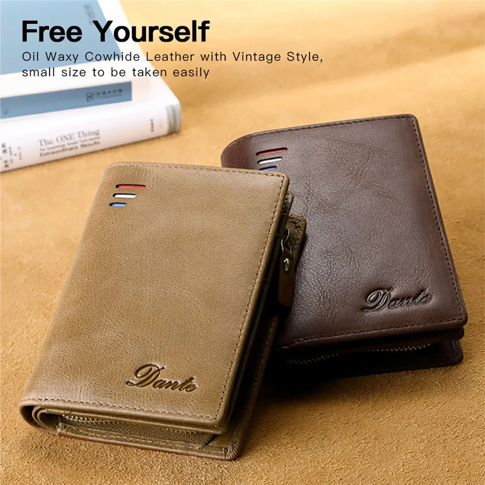 DANTE QB4013 Coin Card Bag RFID Blocking Men Short Wallet Vintage Top Layer Cowhide Purse with Zipper Pocket - Coffee - 5