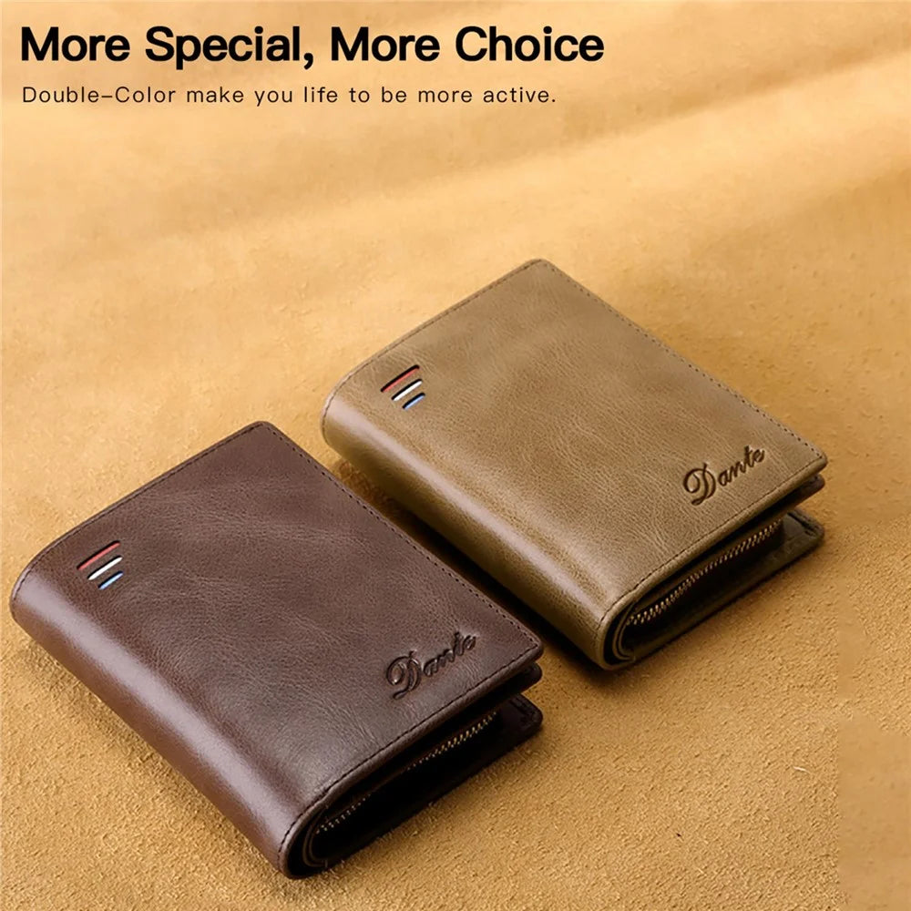 DANTE QB4013 Coin Card Bag RFID Blocking Men Short Wallet Vintage Top Layer Cowhide Purse with Zipper Pocket - Coffee - 6