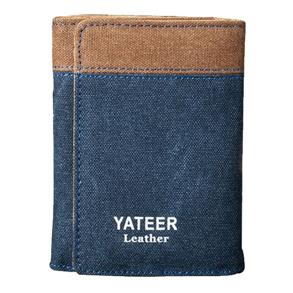 YATEER 123 Casual Men Color Splicing Canvas Trifold Short Wallet Cash Card Storage Bag - Blue / with Letter - 1